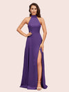 Elegant Halter Open Back Long Side Split Long Soft Satin Formal Prom Dresses
