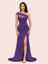 Sexy Mermaid One Shoulder Long Soft Satin Evening Prom Dresses With Slit