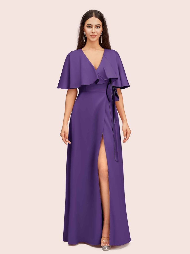 Elegant Bat Sleeves V-neck Side Slit Long Soft Satin Party Prom Dresses 2023