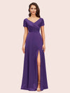Elegant V-Neck Short Sleeves Long Soft Satin Party Prom Dresses With Slit