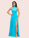 Elegant A-line High Neck Long Side Split Long Soft Satin Bridesmaid Dresses