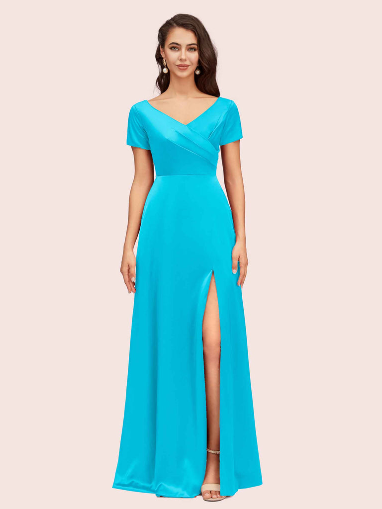 Elegant V-Neck Short Sleeves Long Soft Satin Bridesmaid Dresses With Slit Elegant V-Neck Short Sleeves Long Soft Satin Bridesmaid Dresses With Slit