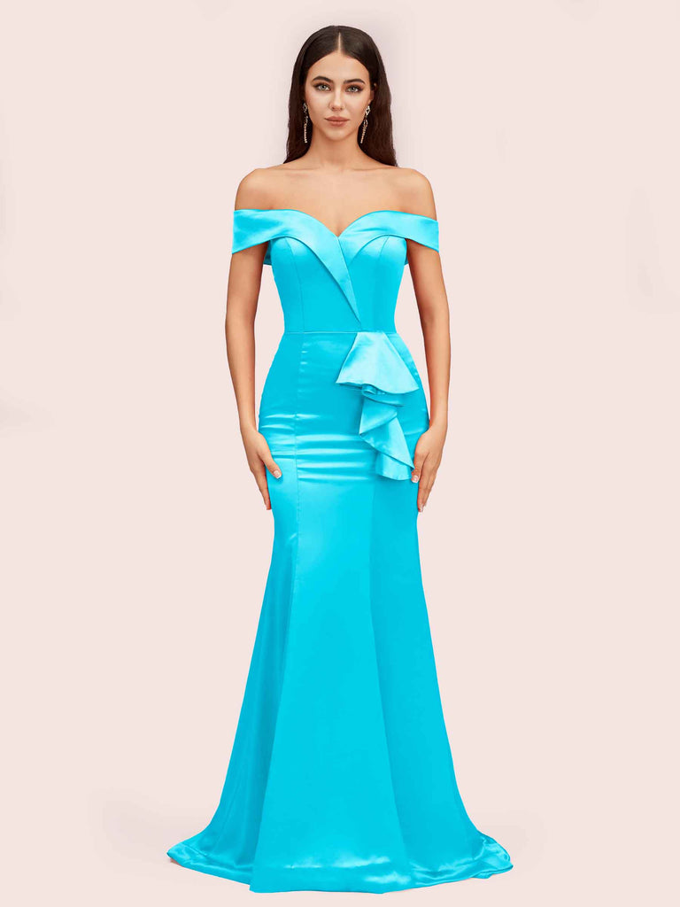 Elegant Soft Satin Mermaid Off Shoulder Unique Long Bridesmaid Dresses Online