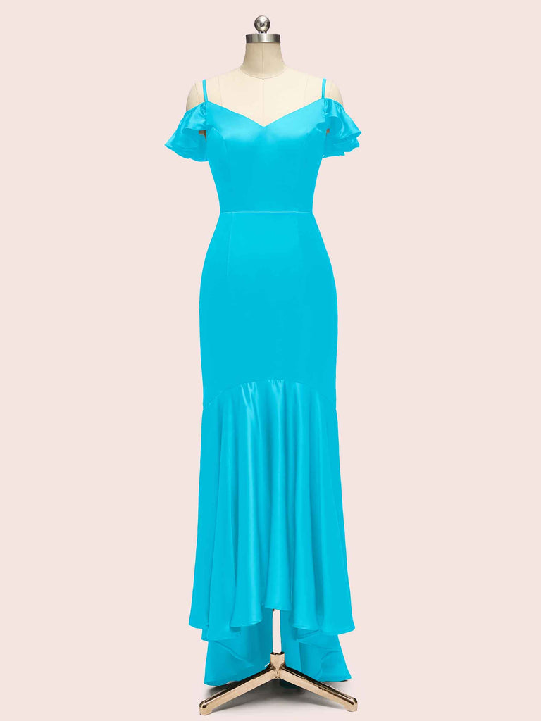 Sexy Cold Shoulder High Low Asymmetric Soft Satin Bridesmaid Dresses Online