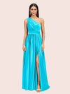 Unique One Shoulder Long Side Slit Soft Satin Graduation Prom Dresses 2023