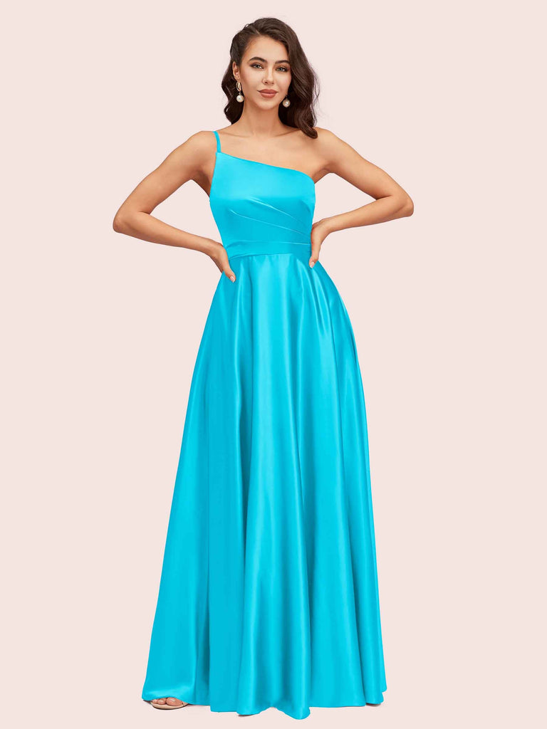 Sexy One Shoulder A-Line Long Soft Satin Bridesmaid Dresses With Pleats For Sale Sexy One Shoulder A-Line Long Soft Satin Bridesmaid Dresses With Pleats For Sale