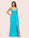 Sexy Spaghetti Straps V-neck Long Mermaid Satin Bridesmaid Dresses With Slit