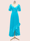 Beautiful Short Sleeves V-Neck Soft Satin Cheap Short Bridesmaid Dresses