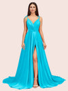 Elegant Spaghetti Straps V-neck Long Soft Satin Side Slit Bridesmaid Dresses
