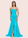 Sexy Backless Mermaid Spaghetti Straps Long Soft Satin Prom Dresses With Slit