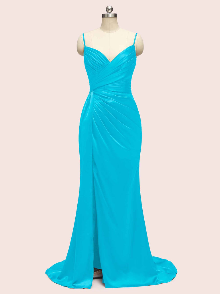 Sexy Mermaid Spaghetti Strap Long Side Slit Soft Satin Formal Prom Dresses Online