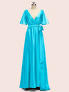 Elegant V-Neck A-Line Long Soft Satin Short Sleeve Bridesmaid Dresses