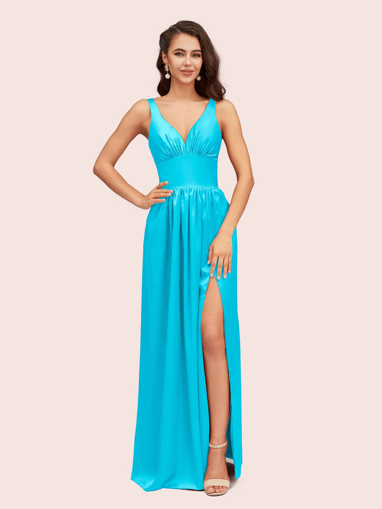 Sexy V Neck Long Soft Satin Side Slit Bridesmaid Dresses Online