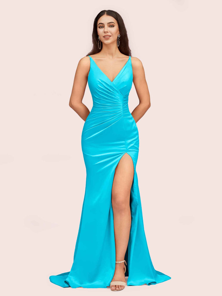Sexy Mermaid V-neck Side Slit Long Soft Satin Bridesmaid Dresses Online For Sale
