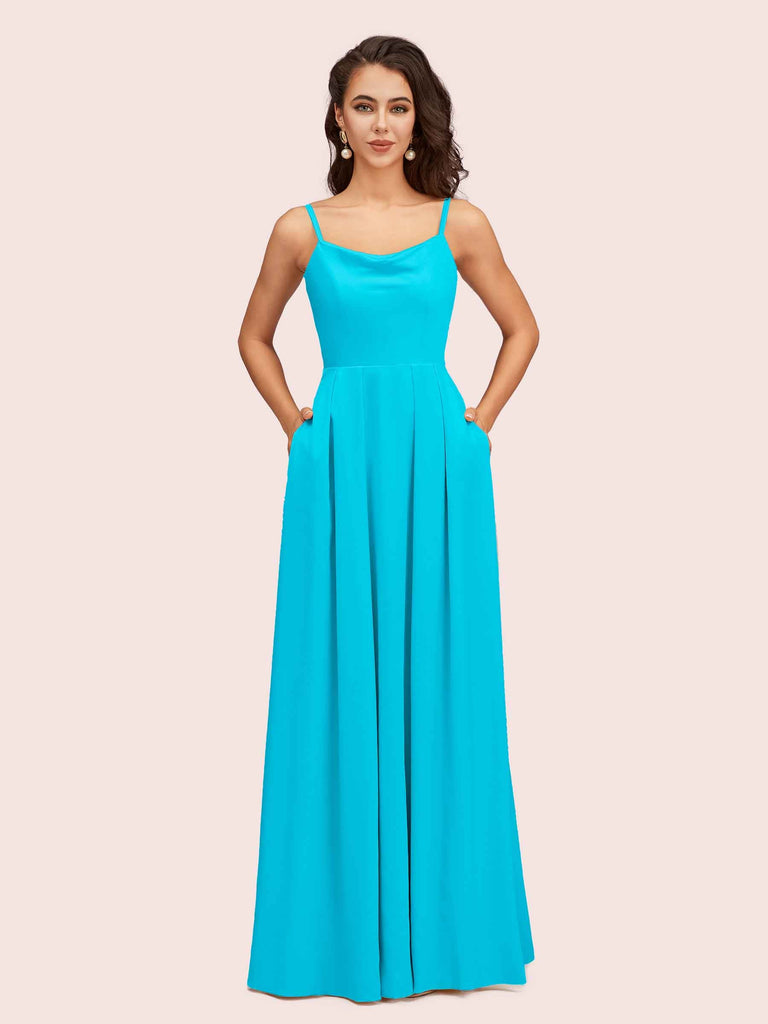 Simple Spaghetti Straps Cowl Neck Long Silky Satin Party Prom Dresses For Women With Pocket