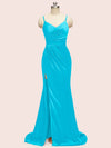 Fancy Spaghetti Straps Mermaid Long Soft Satin Girls Party Prom Dresses Online With Slit