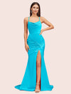 Sexy Backless Mermaid Spaghetti Straps Cowl Long Satin Formal Prom Dresses With Slit