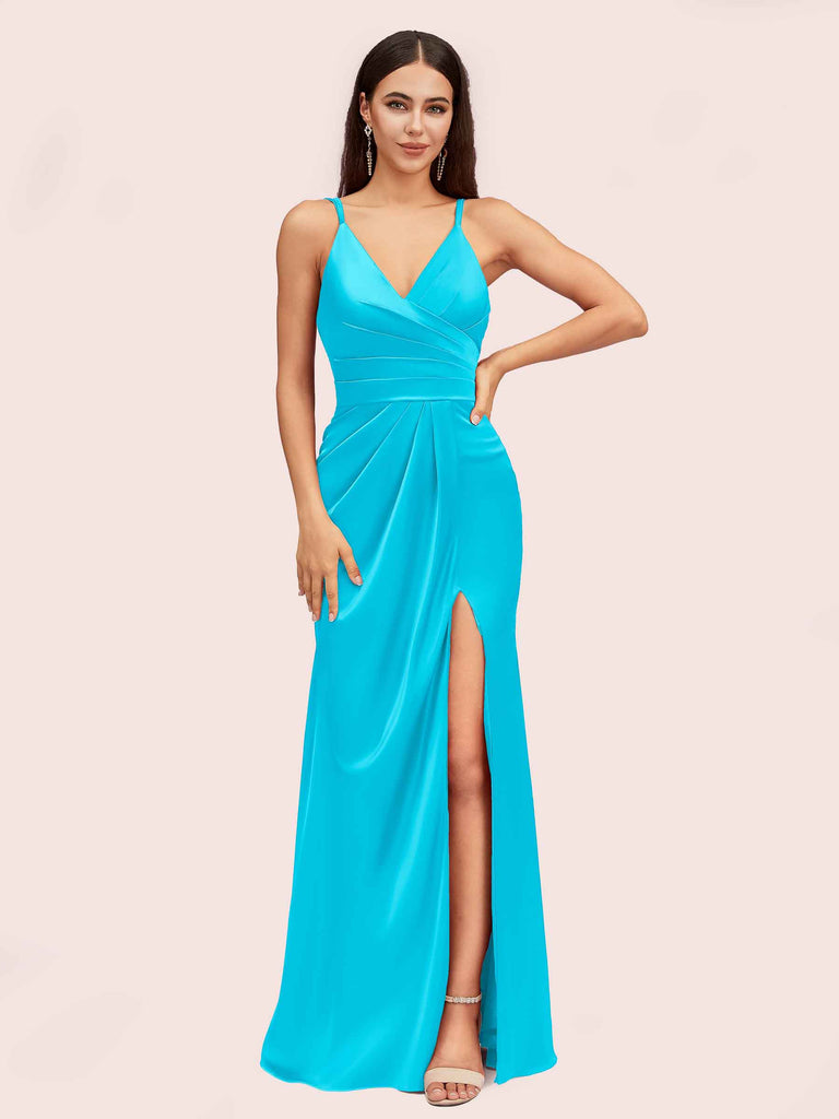 Sexy Spaghetti Straps V-neck Long Silky Soft Satin Bridesmaid Dresses With Slit