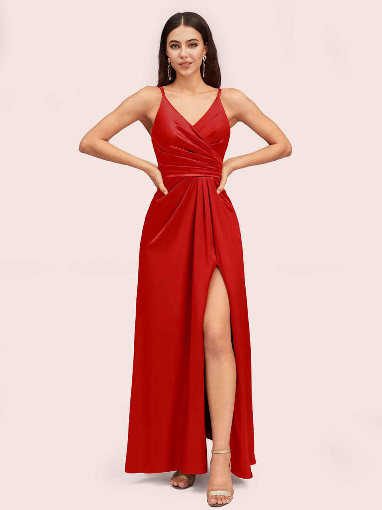 Cetims Chic Spaghetti Straps V Neck Long Satin Bridesmaid Dress With Side Split Ideal for Wedding Guests Red