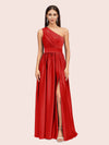 Unique One Shoulder Long Side Slit Soft Satin Graduation Prom Dresses 2023