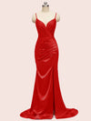 Sexy Spaghetti Straps V-neck Mermaid Long Satin Graduation Prom Dresses With Slit