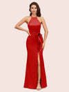 Sexy Mermaid Halter Long Silky Satin Party Prom Dresses With Slit