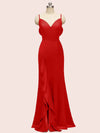 Sexy Mermaid Spaghetti Strap V-neck Long Soft Satin Prom Dresses With Slit