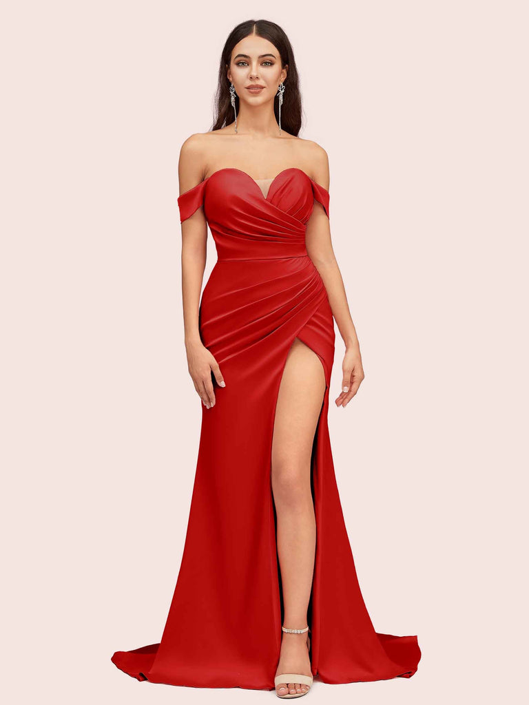 Sexy Side Slit Off Shoulder Long Silky Satin Mermaid Formal Prom Dresses Online Sexy Side Slit Off Shoulder Long Silky Satin Mermaid Formal Prom Dresses Online