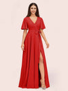Elegant V-neck Short Sleeves Long Soft Satin Party Prom Dresses With Slit