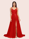 Elegant A-line Spaghetti Straps Long Soft Satin Bridesmaid Dresses With Slit Online