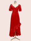Beautiful Short Sleeves V-Neck Soft Satin Cheap Short Bridesmaid Dresses