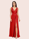 Sexy V-neck Long Side Slit Silk Satin Evening Prom Dresses Online