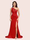 Sexy Side Slit Mermaid One Shoulder Long Soft Satin Evening Prom Dresses Online