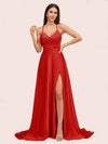 Elegant A-line Spaghetti Straps Long Soft Satin Party Prom Dresses With Slit