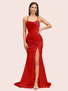 Sexy Backless Mermaid Spaghetti Straps Scoop Long Soft Satin Bridesmaid Dresses With Slit