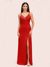 Simple Soft Satin Sexy Spaghetti Straps Long Side Slit Bridesmaid Dresses