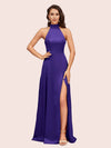 Elegant A-line High Neck Long Side Split Long Soft Satin Bridesmaid Dresses For Sale