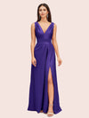 Sexy V-neck Long Side Slit Silk Satin Evening Prom Dresses Online