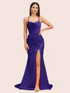 Sexy Backless Mermaid Spaghetti Straps Cowl Long Satin Formal Prom Dresses With Slit