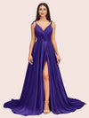 Elegant Spaghetti Straps A-line V-neck Long Soft Satin Side Slit Formal Prom Dresses