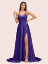 Elegant A-line Spaghetti Straps Long Soft Satin Bridesmaid Dresses With Slit For Sale