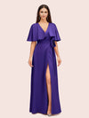 Elegant Bat Sleeves V-neck Side Slit Long Soft Satin Bridesmaid Dresses