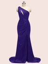 Sexy Mermaid One Shoulder Long Soft Satin Formal Prom Dresses With Slit