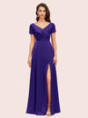 Elegant V-Neck Short Sleeves Long Soft Satin Party Prom Dresses With Slit