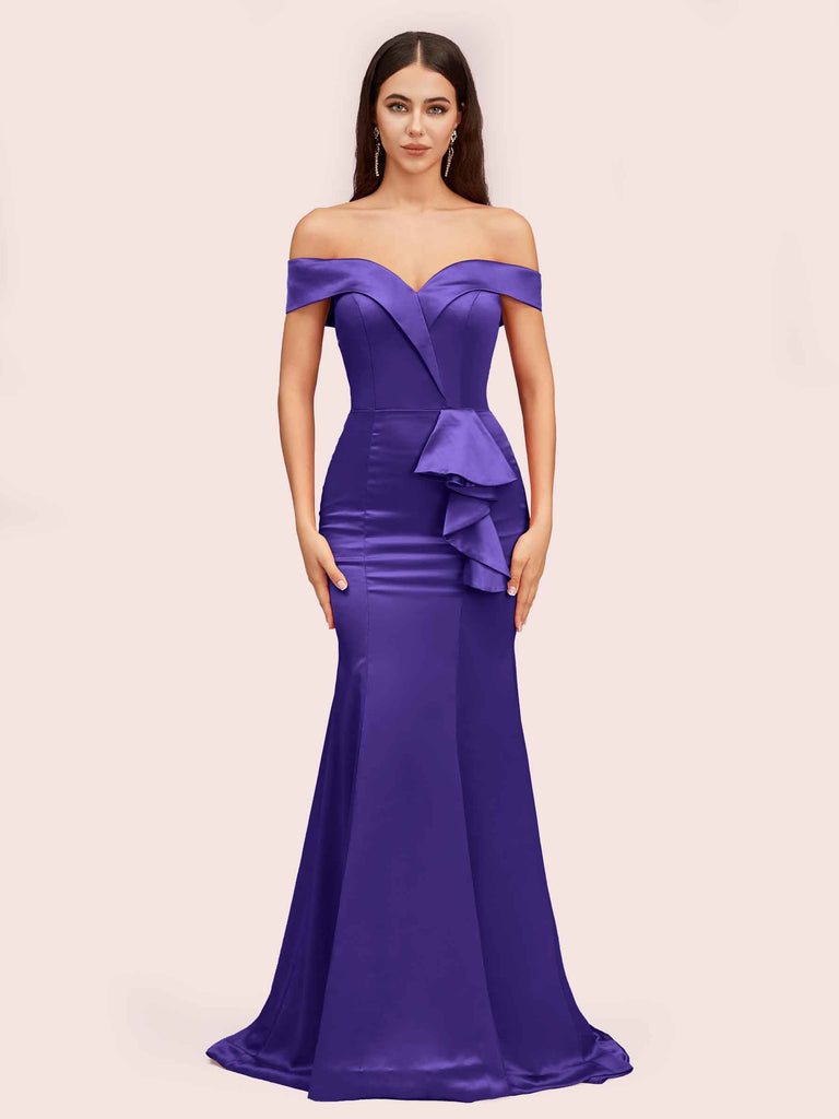 Elegant Soft Satin Mermaid Off Shoulder Unique Long Evening Prom Dresses Online