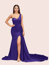 Sexy Mermaid One Shoulder Long Soft Satin Side Slit Bridesmaid Dresses