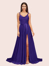 Elegant A-line Spaghetti Straps Long Silky Satin Evening Prom Dresses With Slit