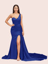 Sexy Mermaid One Shoulder Long Soft Satin Side Slit Bridesmaid Dresses For Sale