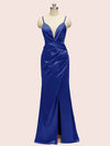 Sexy Mermaid Spaghetti Strap Side Slit Satin Long Formal Dresses For Women