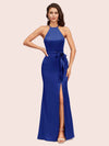 Sexy Mermaid Halter Long Silky Satin Party Prom Dresses With Slit